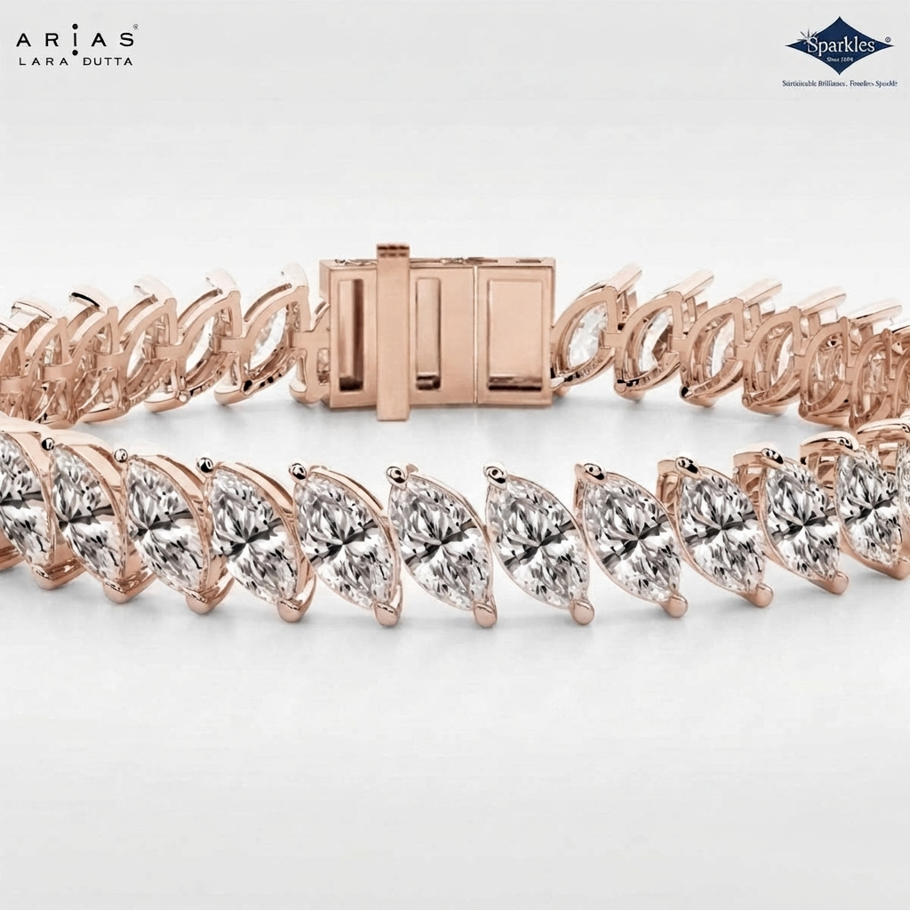 A close-up studio shot of a Lara Dutta Arias bracelet showing the rose gold clasp and the marquise-cut diamond links. The brand logos 'LARA DUTTA' and 'Sparkles' are visible in the top corners.