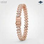 A rose gold tennis bracelet by Lara Dutta Arias, featuring marquise-cut and round-cut clear stones set in a polished rose gold band with a rectangular clasp, shown on a light gray background with brand logos.