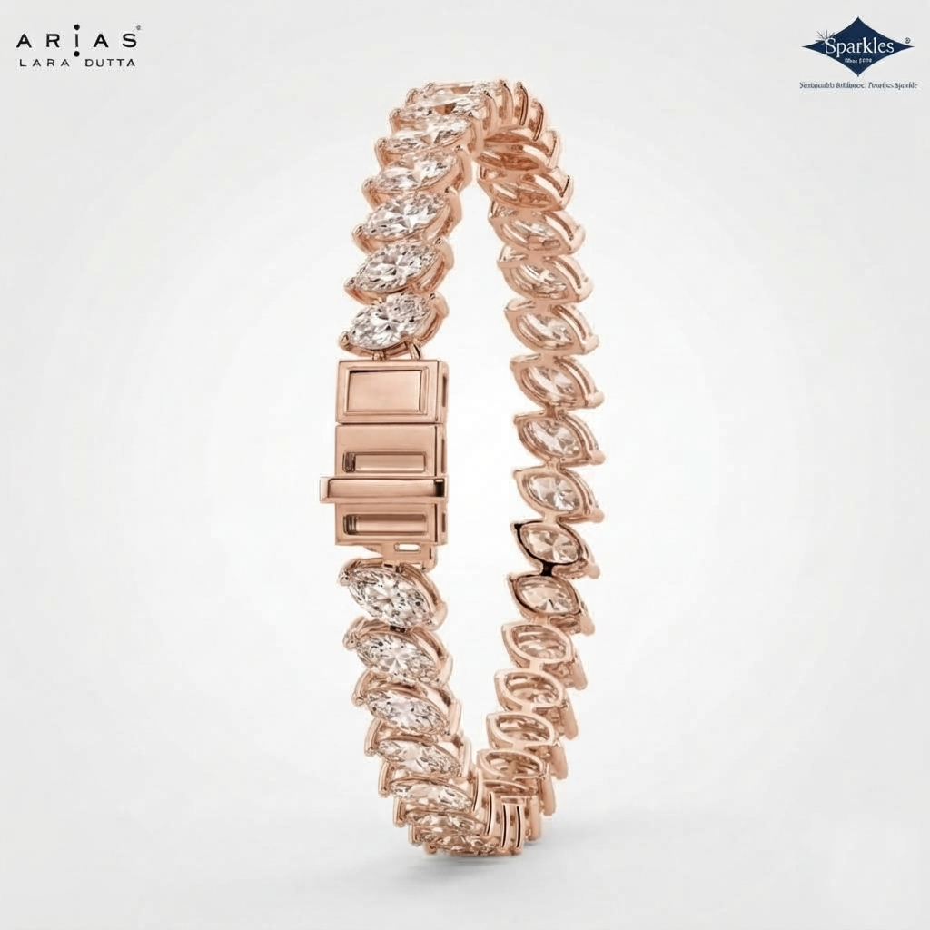 A rose gold tennis bracelet by Lara Dutta Arias, featuring marquise-cut and round-cut clear stones set in a polished rose gold band with a rectangular clasp, shown on a light gray background with brand logos.