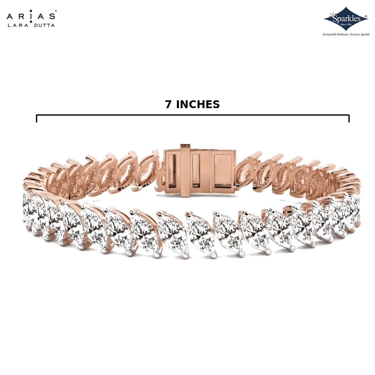 A rose gold tennis bracelet with clear marquise-cut gemstones, shown on a white background with a dimension line indicating a width of 7 inches. The brand logos for Arias Lara Dutta and Sparkle are visible in the top corners.