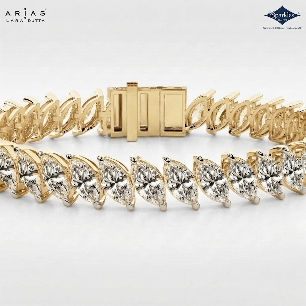 A gold tennis bracelet with marquise-cut clear stones, shown on a clean white background with ARIAS Lara Gutta branding and a Sparkle certification logo.