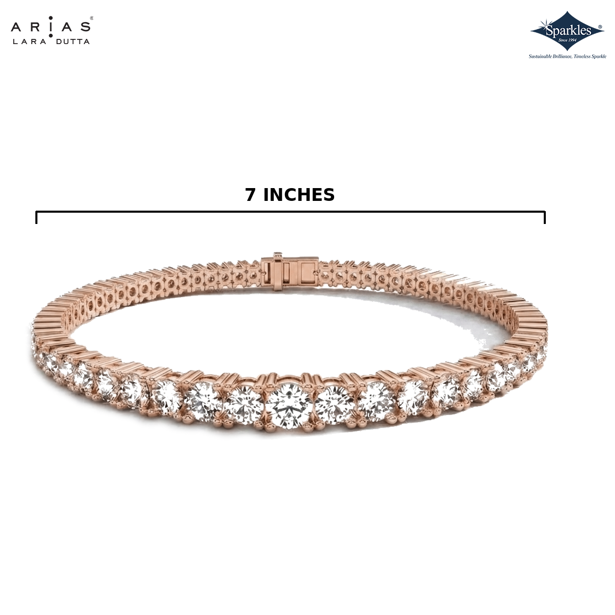 A rose gold tennis bracelet with a single row of round clear gemstones, shown on a white background with a measurement line indicating a 7-inch length. The ARIAS Lara Dutta brand logo is in the top left, and the Sparkle gemstone brand logo is in the top right.
