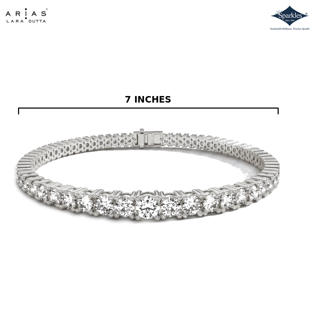 A silver tennis bracelet with round-cut clear stones, shown on a white background with a measurement line indicating a 7-inch width. The ARIAS LARA GUTTA logo is in the top left, and the Sparkle Diamonds logo is in the top right.