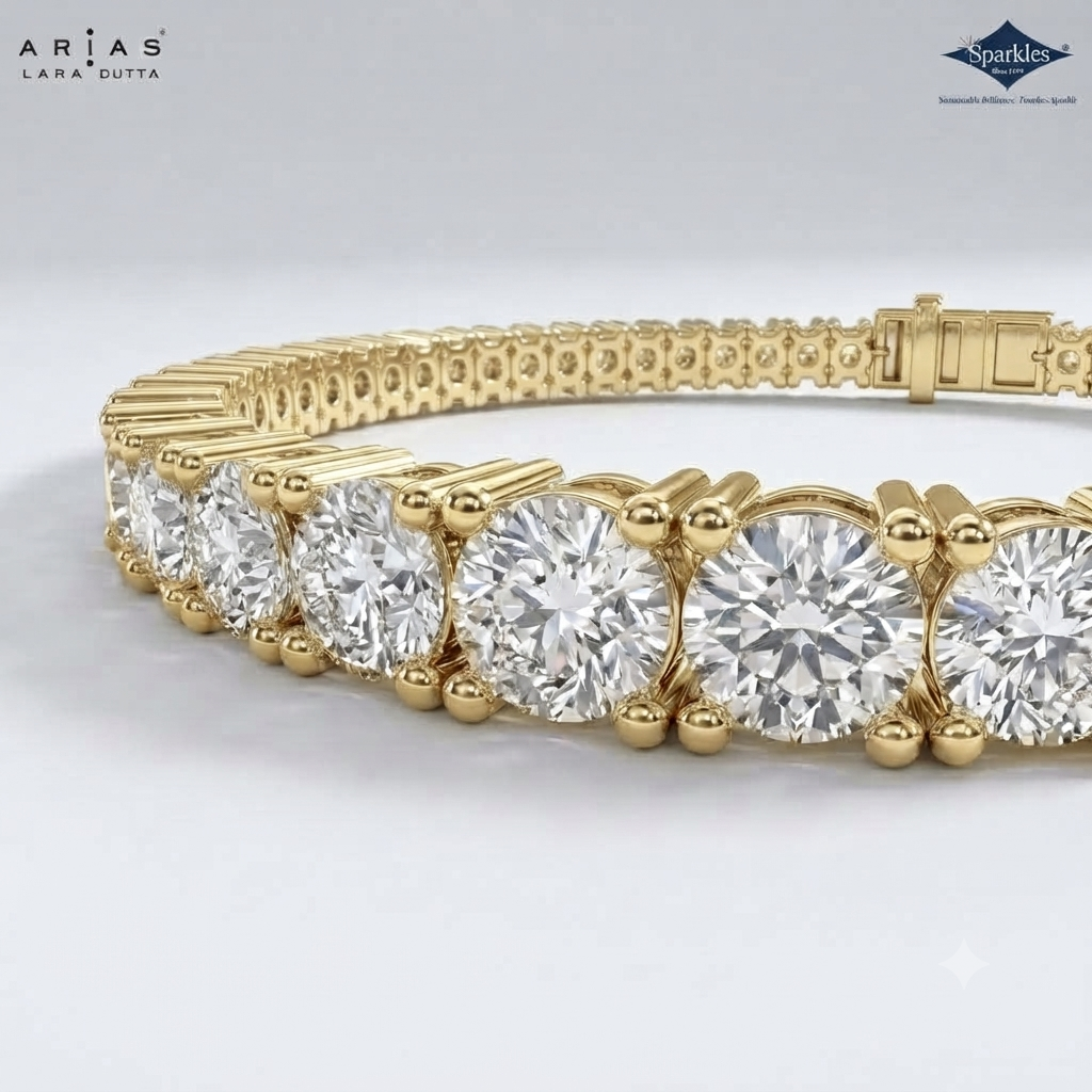 A close-up of a gold tennis bracelet featuring a row of round brilliant-cut clear gemstones, with the clasp visible in the background. The brand logos 'ARIA'S LANA GUTTA' and 'Sparkles' are visible in the top corners.
