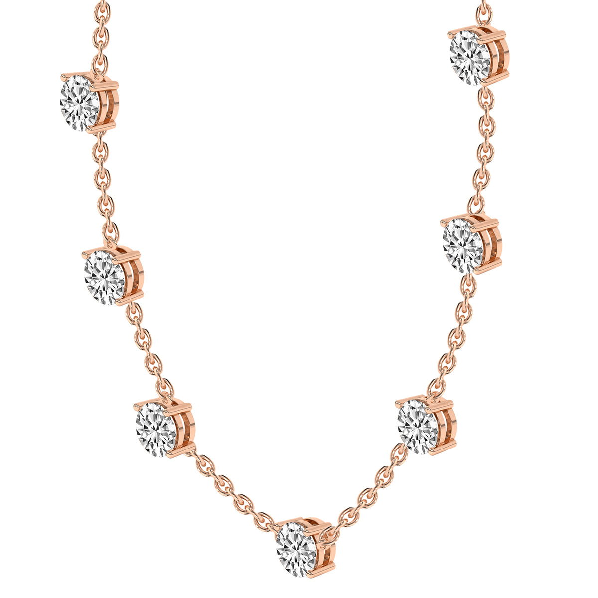 Rose gold necklace with diamond pendants on a white background
