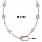 Rose gold chain necklace with six round-cut clear gemstones, shown on a white background with measurement labels reading 18 INCH and 4.3 MM.