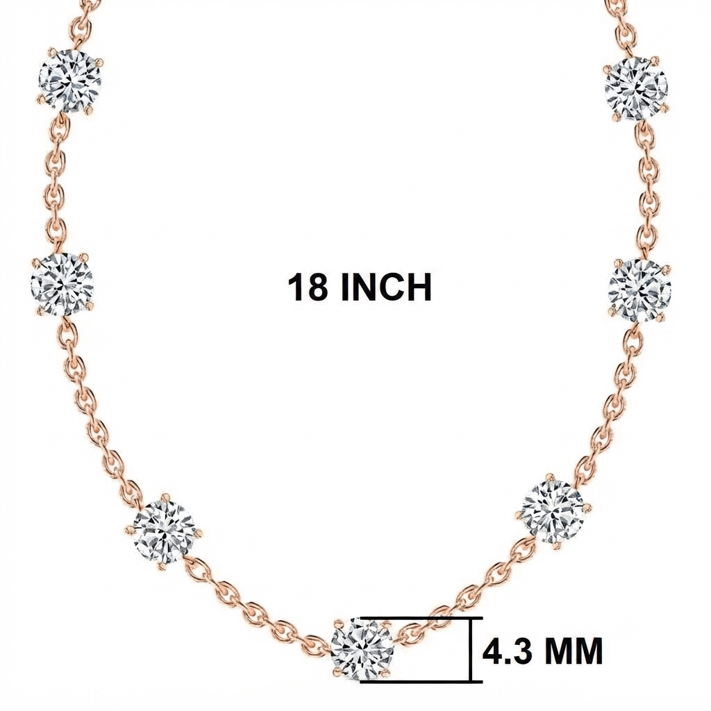Rose gold chain necklace with six round-cut clear gemstones, shown on a white background with measurement labels reading 18 INCH and 4.3 MM.