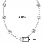 Silver-toned chain necklace with seven round-cut crystal-like settings, shown on a white background with measurement labels reading 18 INCH and 4.3 MM.