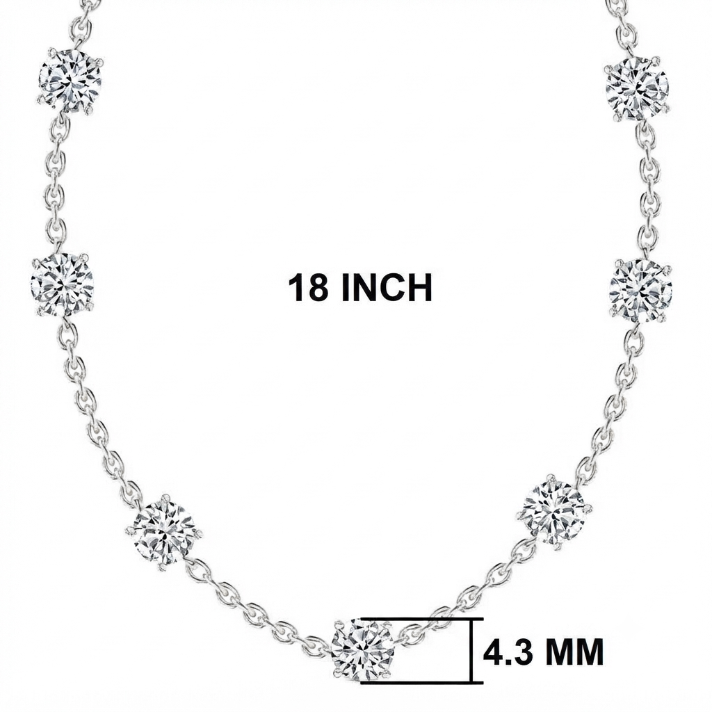 Silver-toned chain necklace with seven round-cut crystal-like settings, shown on a white background with measurement labels reading 18 INCH and 4.3 MM.