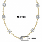 Gold chain necklace with seven round-cut clear gemstones, shown on a white background with measurement labels reading 18 INCH and 4.3 MM.