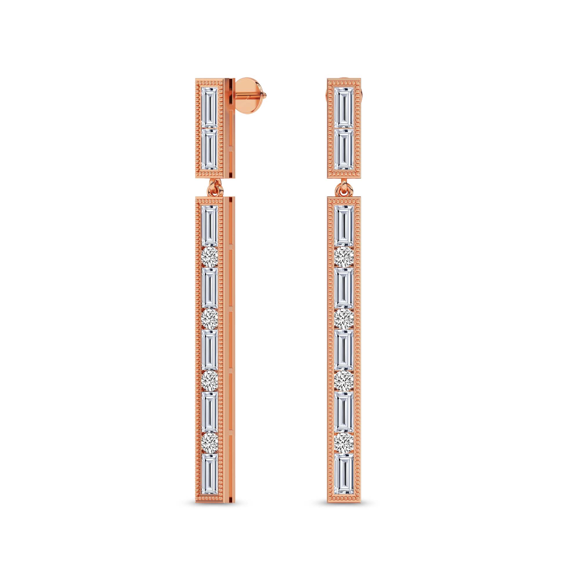 4.05 Carat Baguette Line Dangle Earrings 14K - Rose Gold