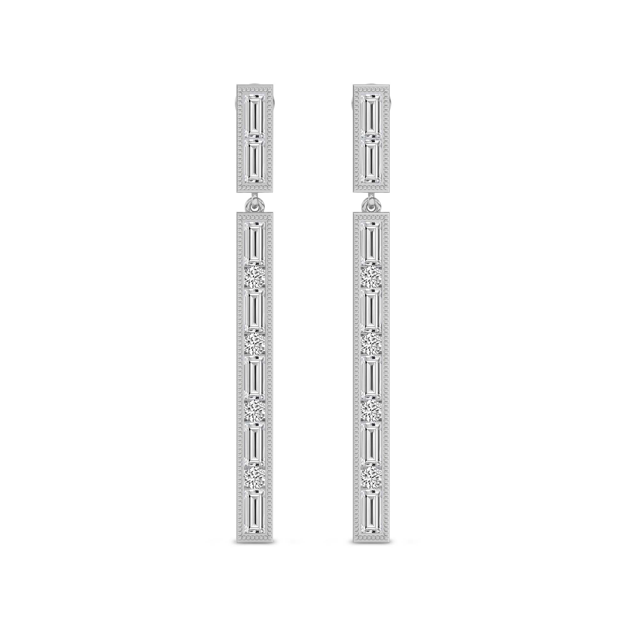 4.05 Carat Baguette Line Dangle Earrings 14K - White Gold