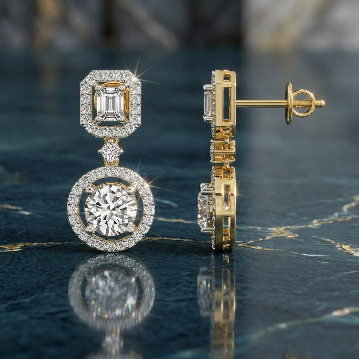 5.72 Carat 14K Gold Art Deco Halo Drops