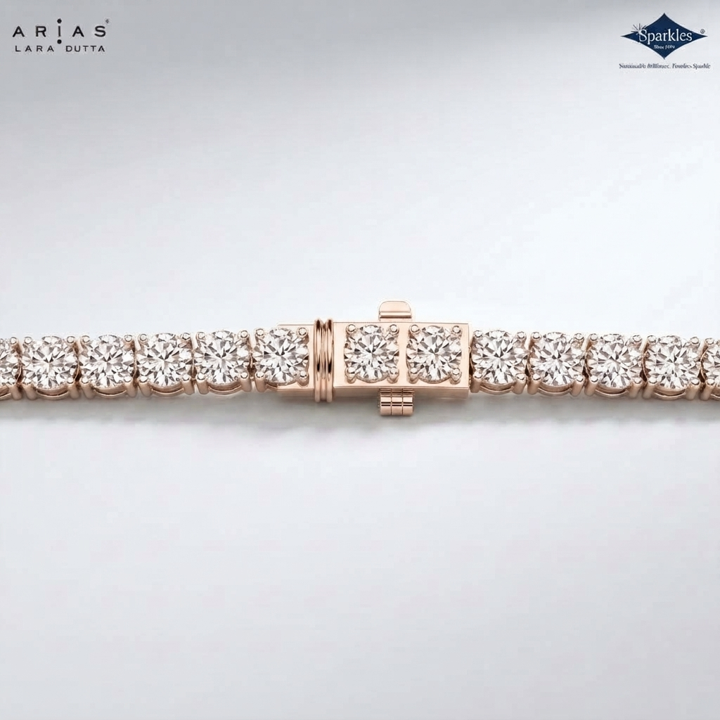 A close-up of a Lara Dutta Arias diamond tennis bracelet in rose gold, showing the clasp and several diamond-set links on a light gray background with brand logos in the corners.