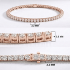 Rose gold tennis bracelet with clear gemstones, shown in three close-up views with dimension labels indicating 3.3 mm width and depth.