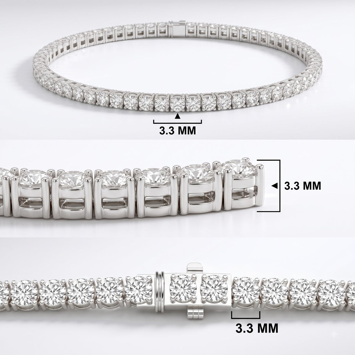 A silver tennis bracelet with clear gemstones shown in three close-up views with measurement callouts indicating a width of 3.3 mm.
