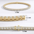 A yellow gold tennis bracelet with clear gemstones, shown in three views with measurement annotations indicating a width of 3.3 mm.