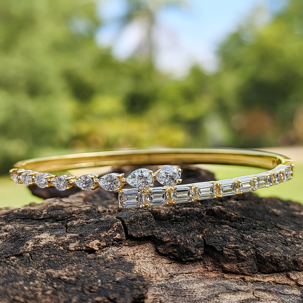 4.92 Carat 14K Gold Baguette and Pear-Shaped Bangle Bracelet