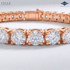 A close-up of a Lara Dutta Arias bracelet featuring round brilliant-cut clear stones in rose gold settings, with the Lara Dutta logo in the top left and a Sparkles badge in the top right.
