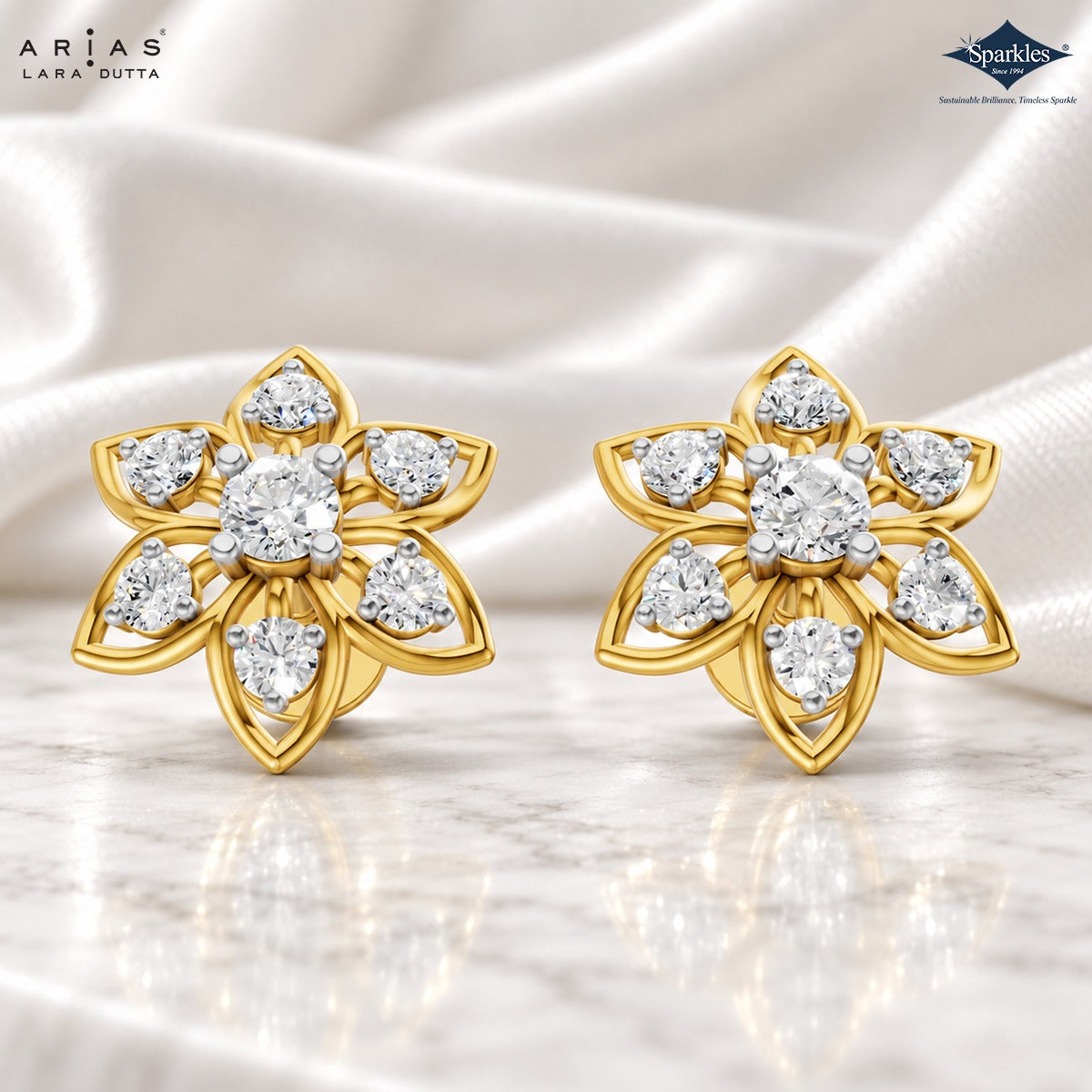 Arias by Lara Six-Petal Diamond Flower Gold Earrings