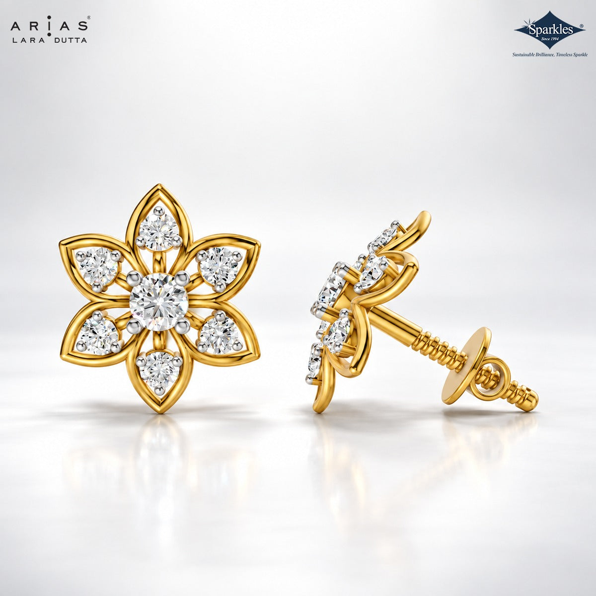 Arias by Lara Six-Petal Diamond Flower Gold Earrings