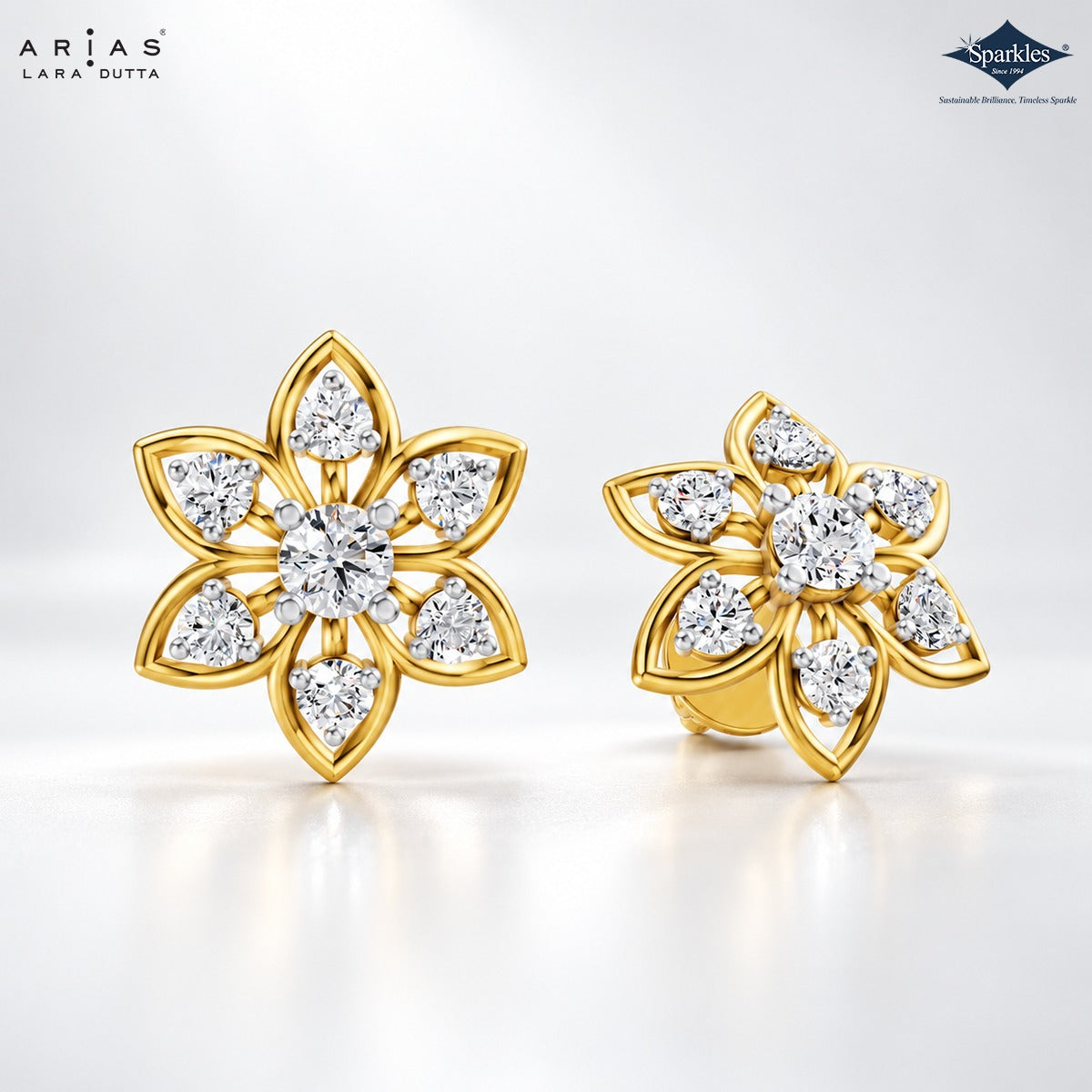 Arias by Lara Six-Petal Diamond Flower Gold Earrings
