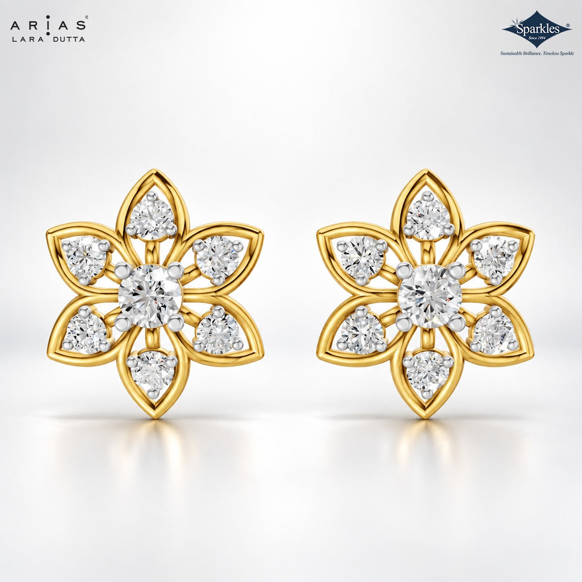 Arias by Lara Six-Petal Diamond Flower Gold Earrings