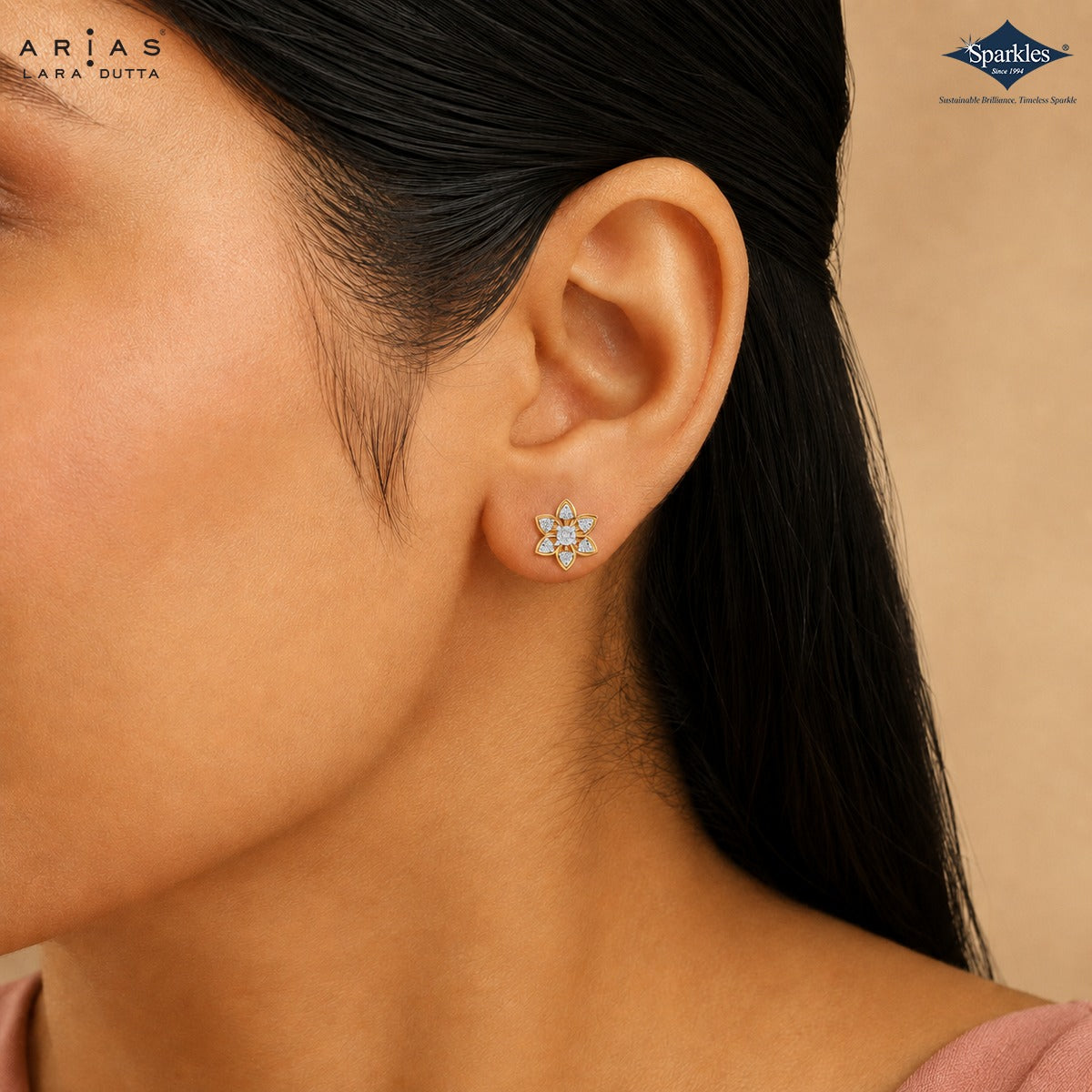 Arias by Lara Six-Petal Diamond Flower Gold Earrings