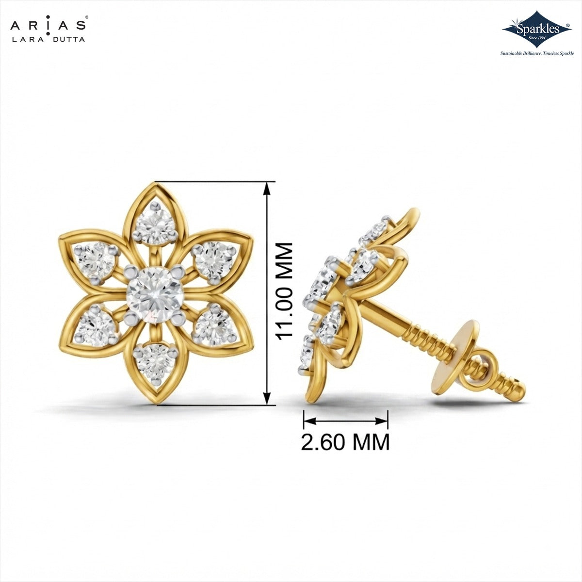 Arias by Lara Six-Petal Diamond Flower Gold Earrings