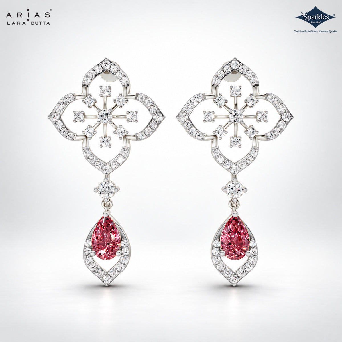 Arias by Lara Quatrefoil Diamond & Pink Pear Drop Earrings