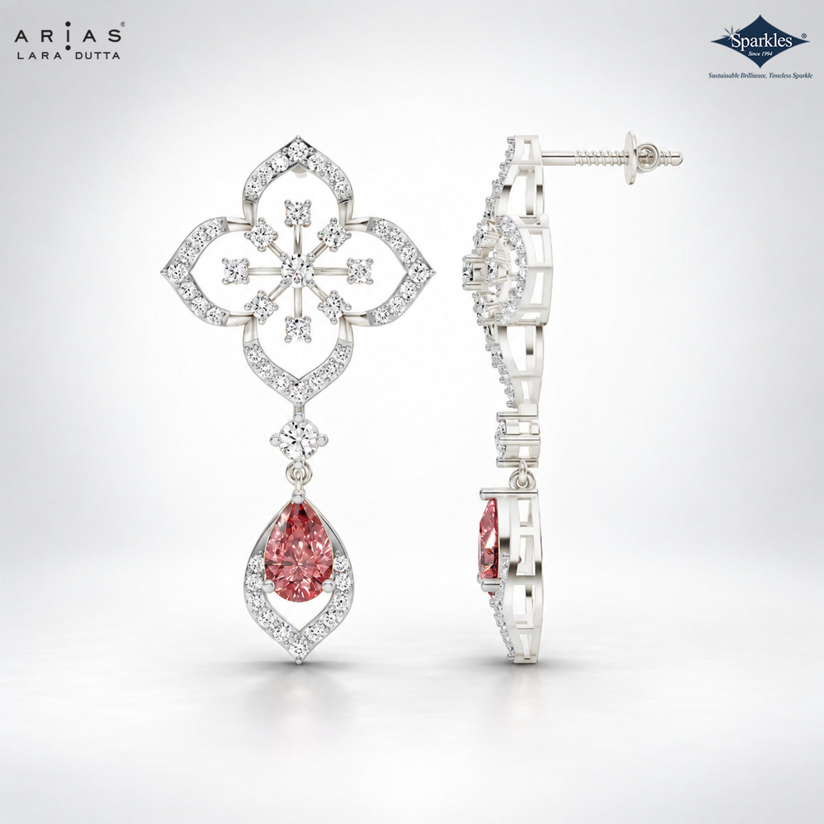 Arias by Lara Quatrefoil Diamond & Pink Pear Drop Earrings