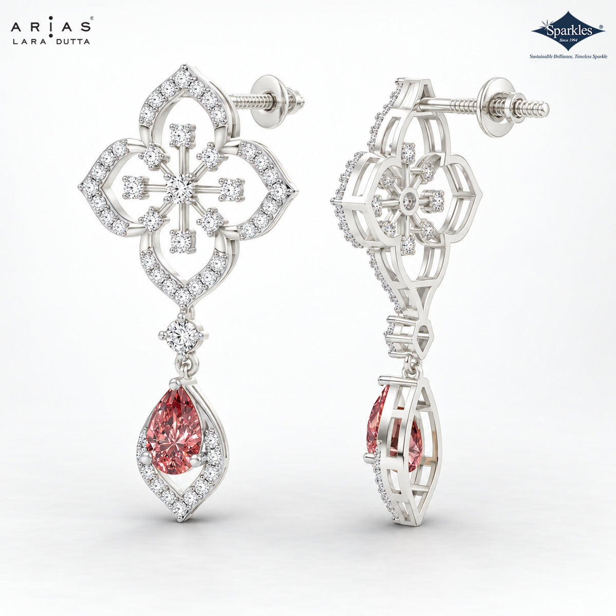 Arias by Lara Quatrefoil Diamond & Pink Pear Drop Earrings