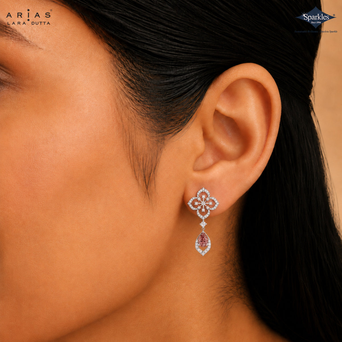 Arias by Lara Quatrefoil Diamond & Pink Pear Drop Earrings