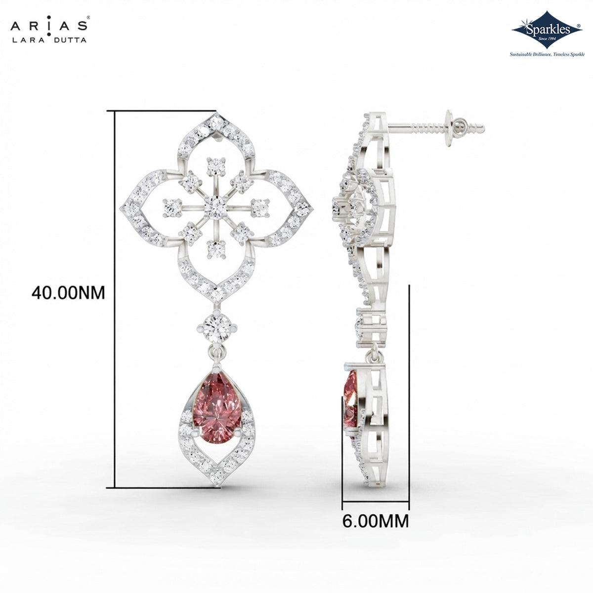 Arias by Lara Quatrefoil Diamond & Pink Pear Drop Earrings
