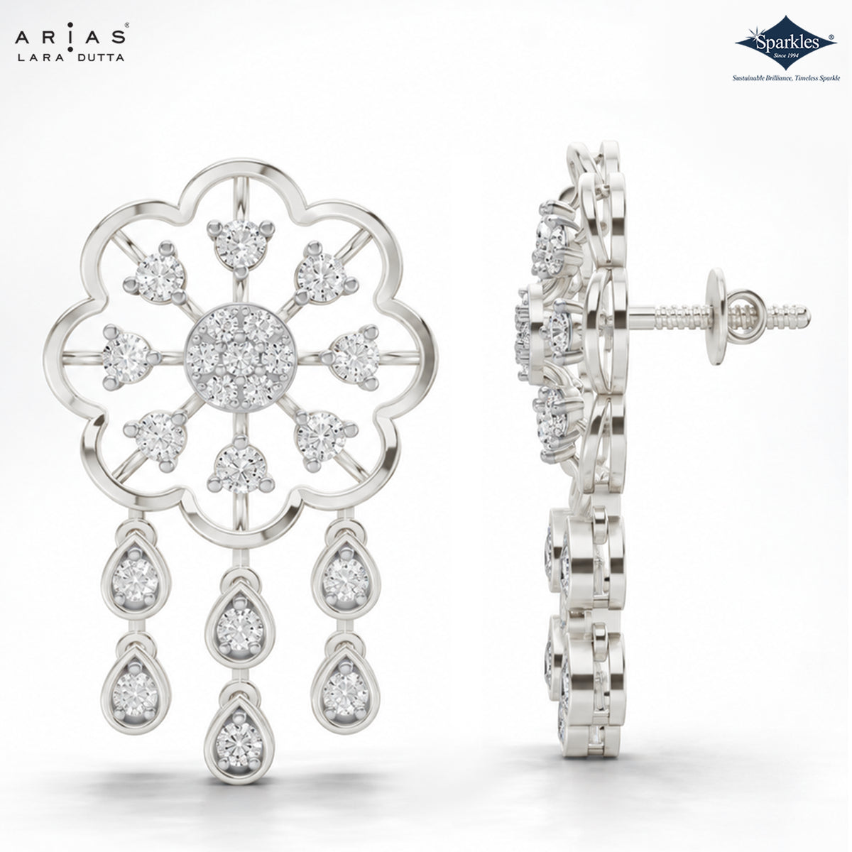 Arias by Lara Scalloped Floral Diamond Tassel Drop Earrings