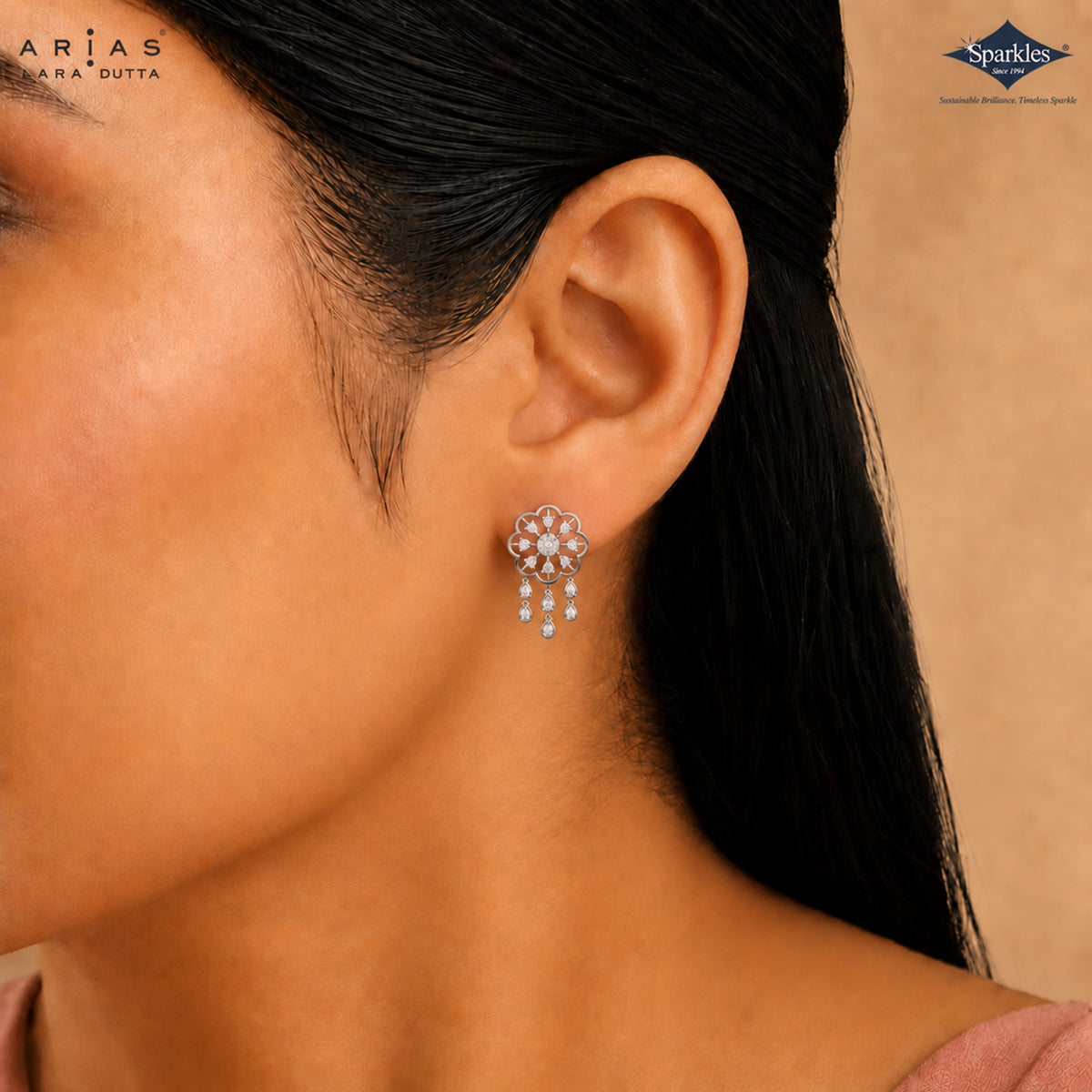 Arias by Lara Scalloped Floral Diamond Tassel Drop Earrings