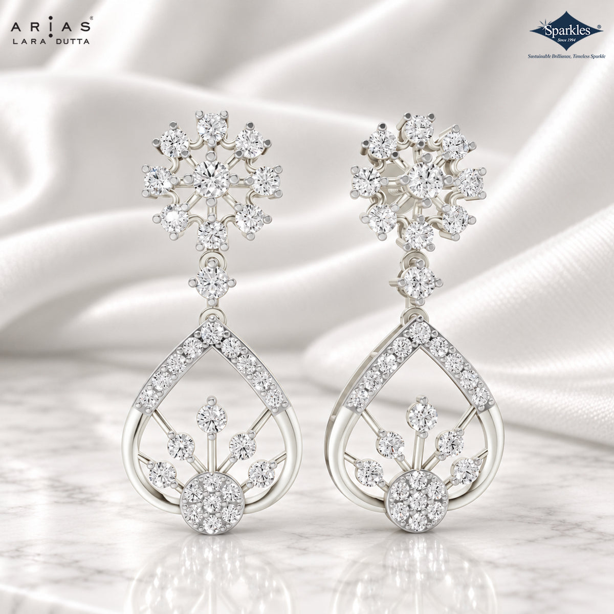 Arias by Lara Floral Starburst & Teardrop Diamond Drop Earrings