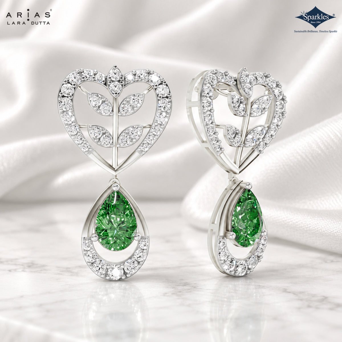 Arias by Lara Openwork Heart & Green Pear Gemstone Drop Earrings