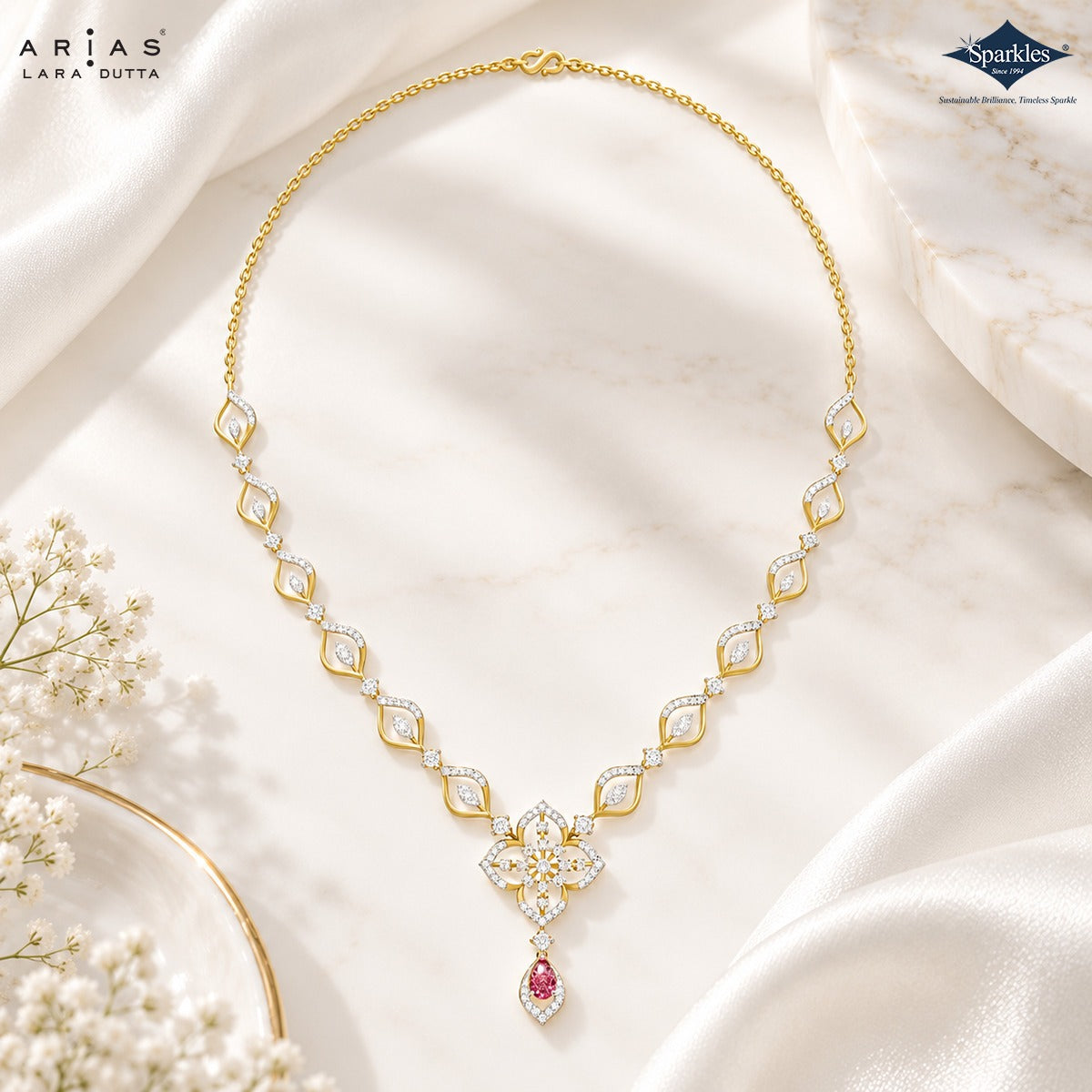 Arias by Lara Marquise Link Diamond & Pink Pear Stone Necklace