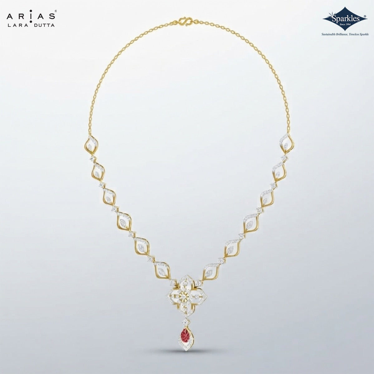 Arias by Lara Marquise Link Diamond & Pink Pear Stone Necklace