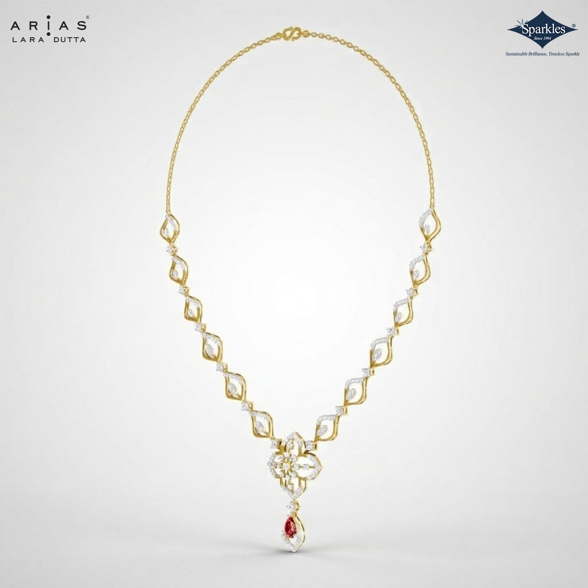 Arias by Lara Marquise Link Diamond & Pink Pear Stone Necklace