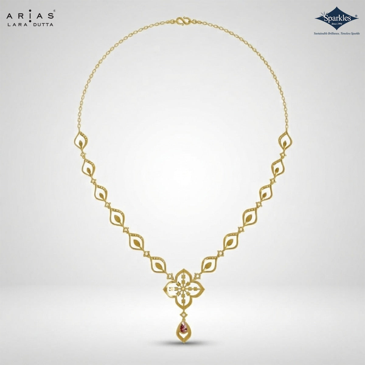 Arias by Lara Marquise Link Diamond & Pink Pear Stone Necklace