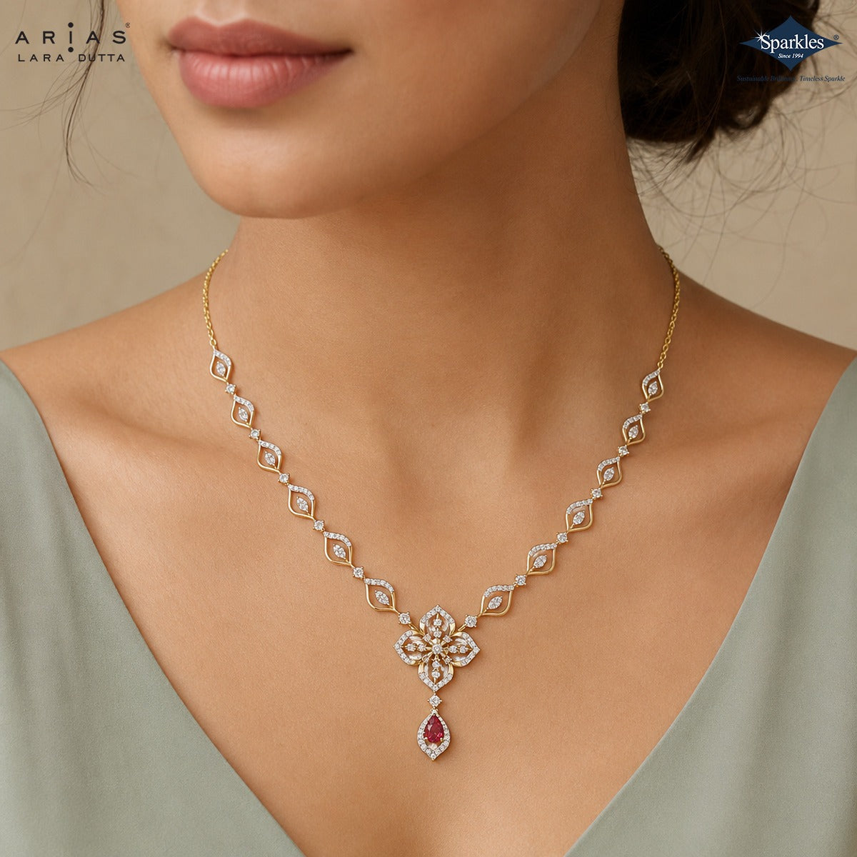 Arias by Lara Marquise Link Diamond & Pink Pear Stone Necklace