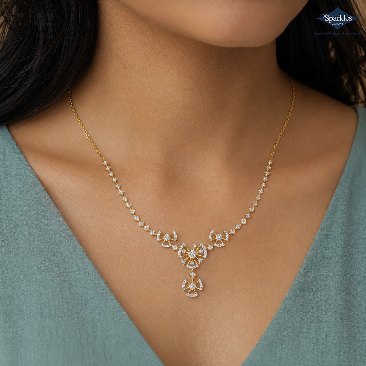 Arias by Lara Geometric Fan & Floral Diamond Necklace