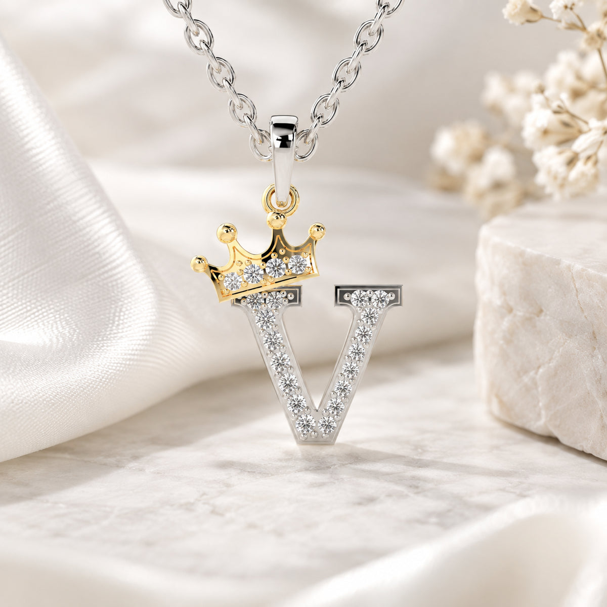 Arias by Lara Dutta Crown Initial V Diamond Pendant