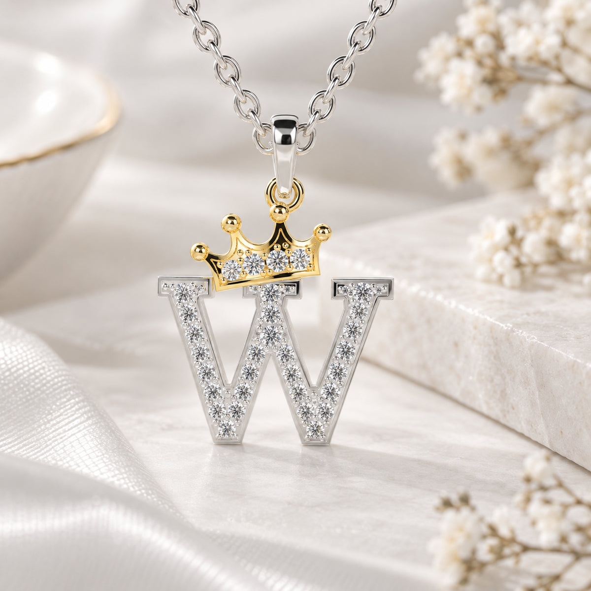 Arias by Lara Dutta Crown Initial W Diamond Pendant