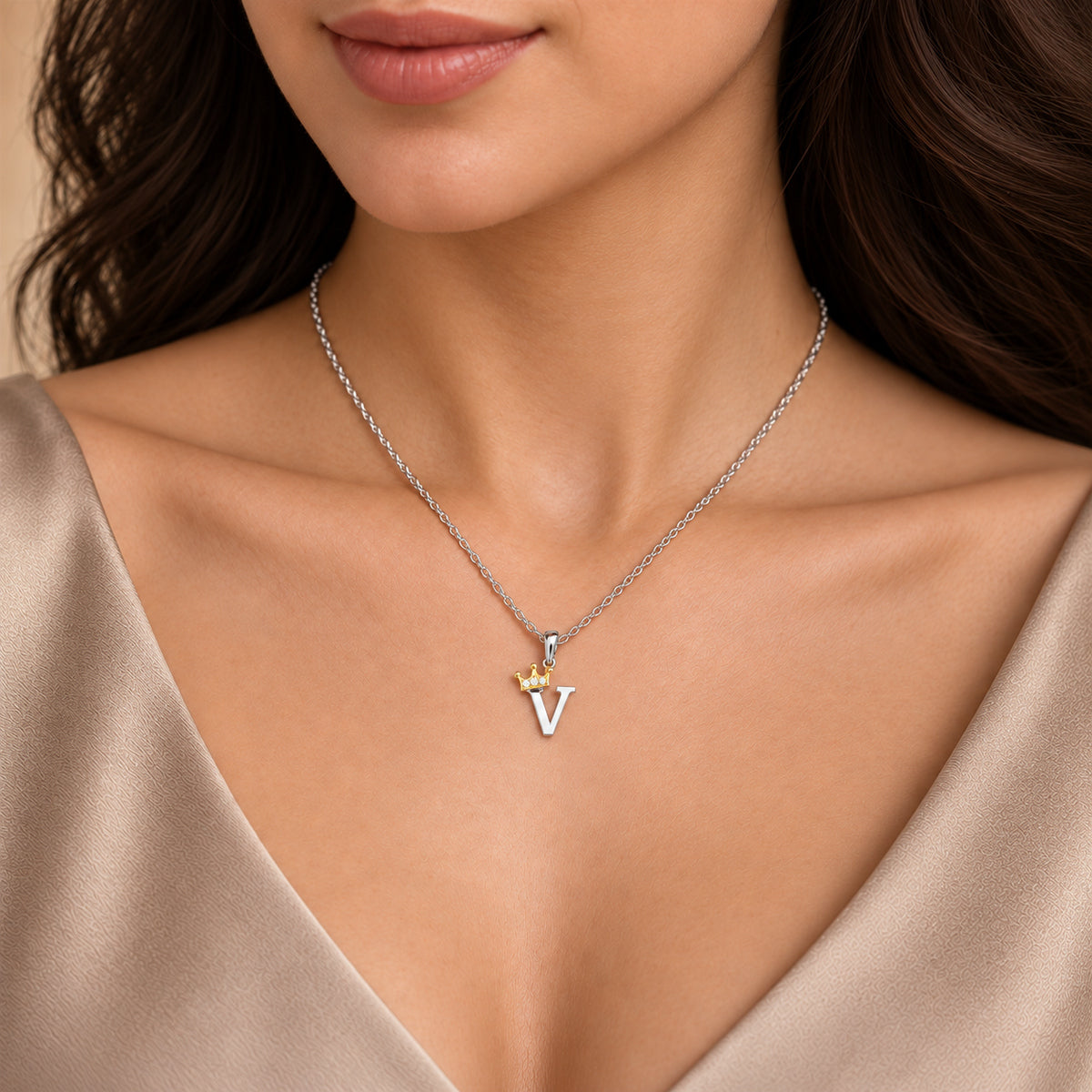 Arias by Lara Dutta Elegant Crowned Alphabet V Diamond Pendant