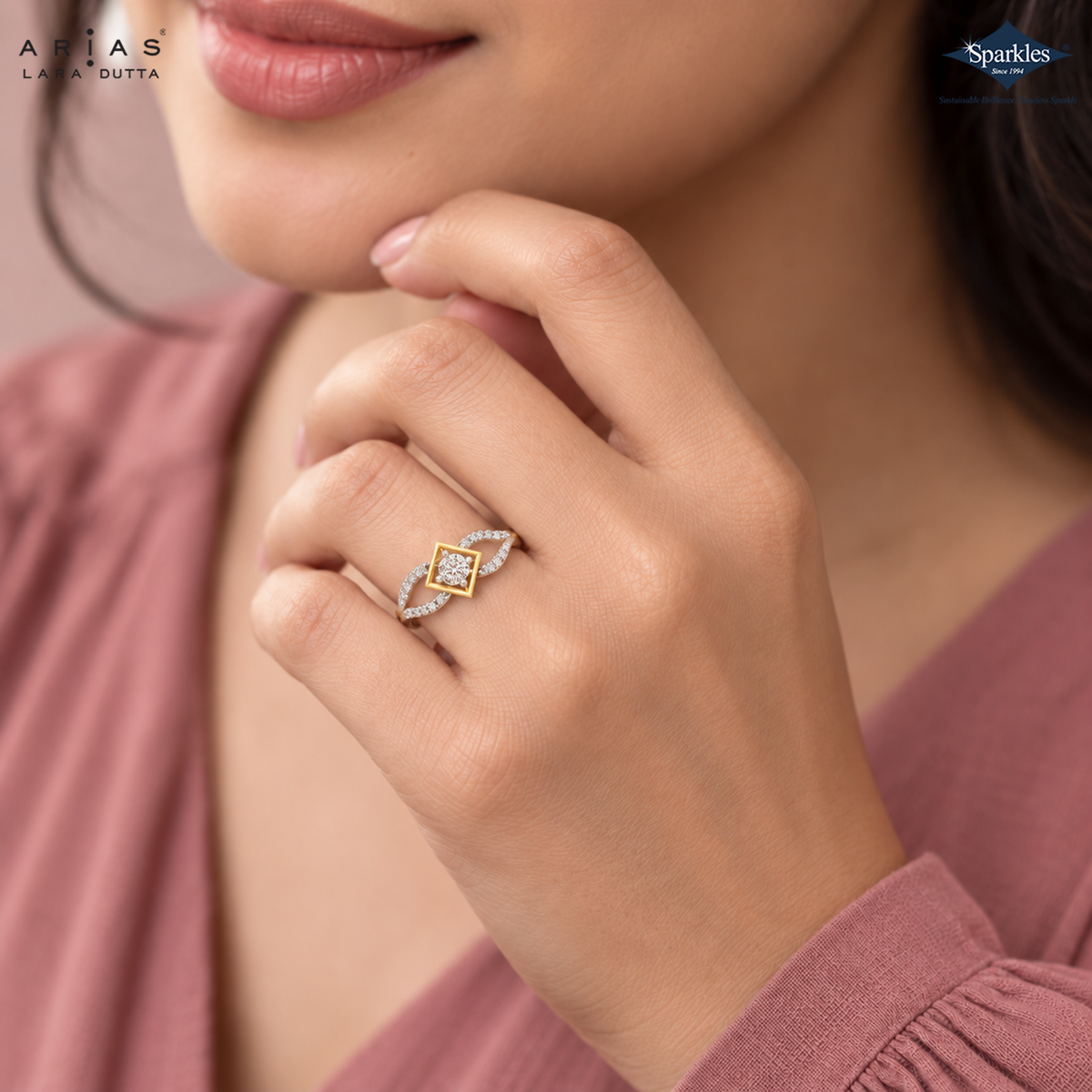 Arias by Lara Dutta Diamond Rhombus Frame Swirl Ring