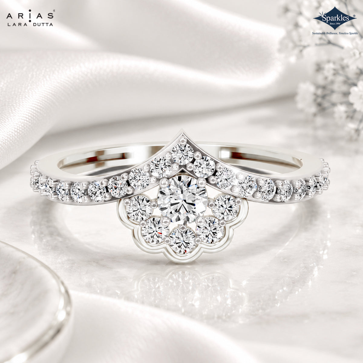 Arias by Lara Dutta Scalloped Floral Chevron Diamond Ring