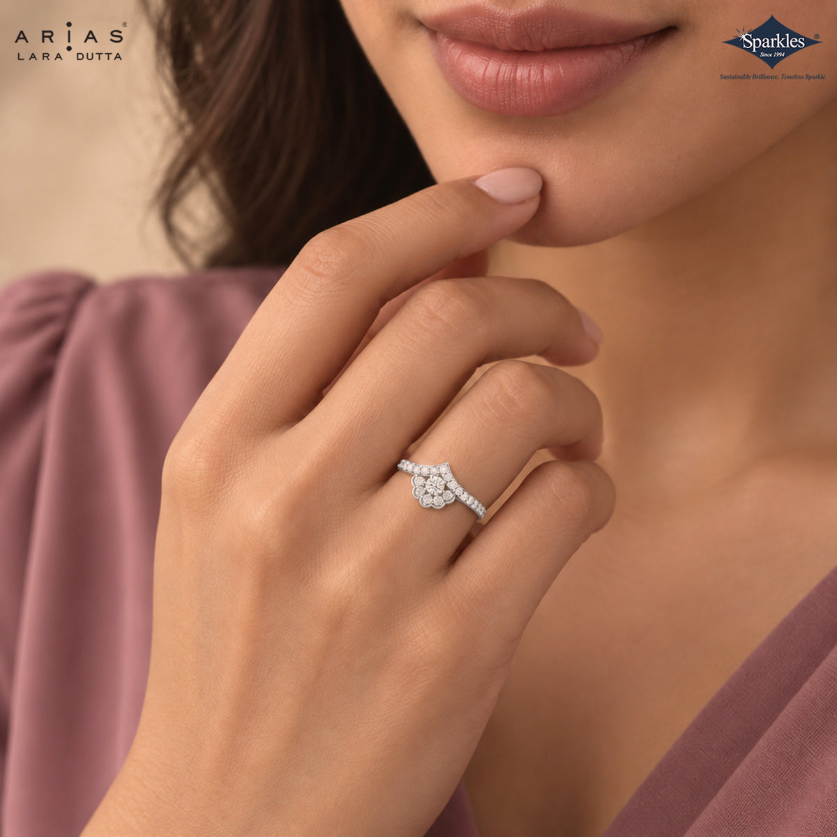 Arias by Lara Dutta Scalloped Floral Chevron Diamond Ring